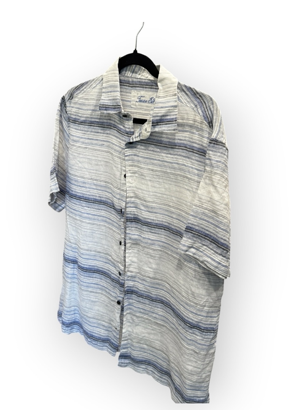 Tasso Elba Men’s Large 100% Linen Blue Gray Striped Short Sleeve Button Down